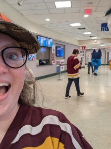 Half of my face, with a retreating Bluey in the background.